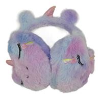 Lila-světlemodro-fialovo-růžové chlupaté klapky na uši s jednorožcem