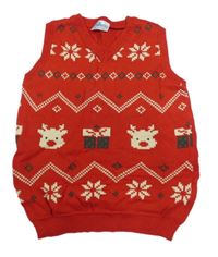 Červená vzorovaná svetrová vesta se soby a vločkami so cute