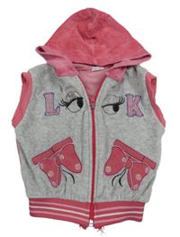 Šedo-růžová melírovaná sametová propínací vesta s očima a mašlemi a kapucí