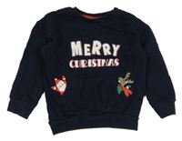 Tmavomodrá vánoční mikina s nápisy a Santou a sobem a kapsou little kids