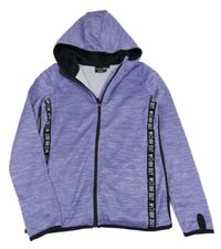 Fialovo-bílo-černá melírovaná thermo propínací mikina s pruhy s nápisy a kapucí ERGEENOMIXX