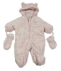 Světlerůžová plyšová zateplená kombinéza s mašličkou a kapucí s oušky + rukavice STACCATO