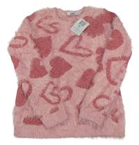 Nové - růžový chlupatý svetr se třpytivými srdíčky L&D