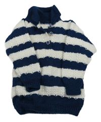 Tmavomodro-bílý pruhovaný vzorovaný vlněný svetr s límečkem