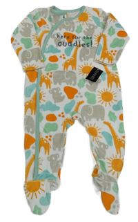 Nové - bílo-světleolivový vzorovaný sametový overal se zvířátky a sluníčky a listy St. Bernard