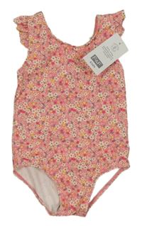 Nové - růžové kytičkované jednodílné plavky s volánky F&F