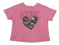 Nové - růžové crop tričko se srdíčkem z překlápěcích flitrů a nápisem Nutmeg