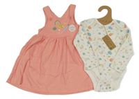 Nové - 2Set - Růžovo/bílé pruhované šaty s obrázky + bílé body s obrázky LILY&JACK