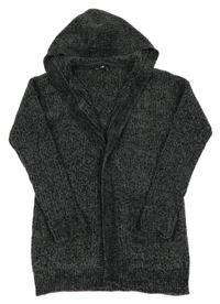 Tmavošedo-černý melírovaný žebrovaný žinylkový svetrový cardigan a kapucí C&A