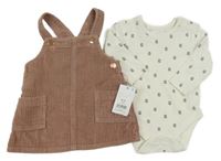 Nové - 2Set - Světlehnědé manšestrové šaty + bílé body s kytičkami George