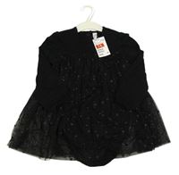Nové - Černé bavlněno/tylové šaty s hvězdami a všitým body H&M
