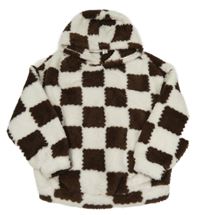 Hnědo-bílá kostkovaná chlupatá mikina s kapucí Shein