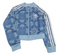 Modrá vzorovaná sportovní propínací crop mikina Adidas