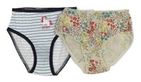 2x kalhotky - světlemodro-bílé pruhované s jednorožcem + béžové květované