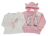 Nové - 2set - Bílé triko se zajícem  + růžové propínací mikina se zajíci a kapucí