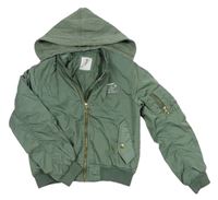 Khaki šusťáková zateplená crop bunda s nápisem a odepínací kapucí H&M