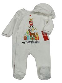 Nové - 2 set - bílý sametový overal s vánočním obrázkem + čepice dunnes