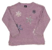 Lila chlupatý svetr s vločkami z flitrů Kiki&Koko