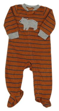 Hnědo-šedý pruhovaný fleecový overal s medvědem Carter's