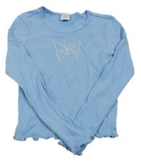 Modré crop žebrované triko s motýlkem z kamínků Page one young