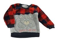 Tmavomodro-červeno-šedá plyšová mikina s medvídkem