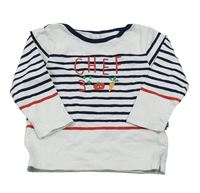 Bílo-tmavomodro-červené triko s pruhy a nápisem 