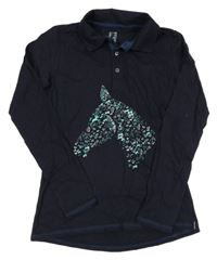 Tmavomodré triko s límečkem a koněm Fouganza 