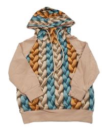 Růžovo-modro-oranžová mikina s pleteným potiskem a kapucí 