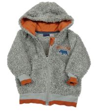 Šedo-oranžová huňatá propínací mikina s nosorožcem a kapucí Lupilu