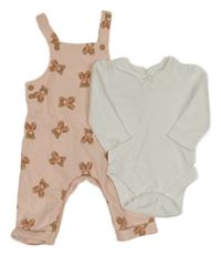 2set - Bílé žebrované body + světlerůžové laclové tepláky s medvídky Next