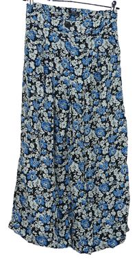 Dámské bílo-modro-tmavomodré květované culottes kalhoty Bershka 