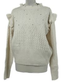 Dámský smetanový vzorovaný svetr s kamínky a volánky Primark 