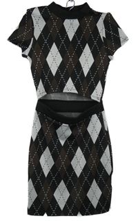 Dámské černo-hnědo-bílé kárované pletené šaty s průstřihem H&M