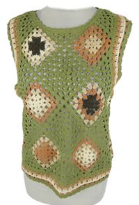 Dámská khaki-béžová vzorovaná háčkovaná pletená vesta Gallery 