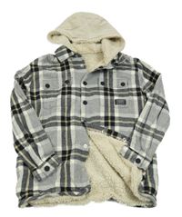 Šedo-černo-béžová kostkovaná zateplená košilová bunda s kapucí F&F