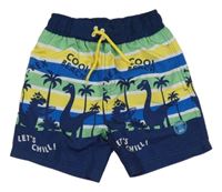 Tmavomodro-zeleno-žluté plážové kraťasy s dinosaury Kiki&Koko