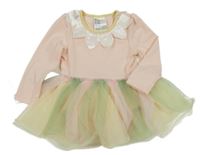 Růžovo-žluto-zelené šaty se všitým body a tylovou sukní 