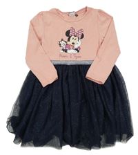 Růžovo-tmavomodré tylovo/bavlněné třpytivé šaty s Minnie
