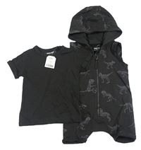 2set - Antracitový teplákový kraťasový overal s kostrami dinosaurů + tričko Next
