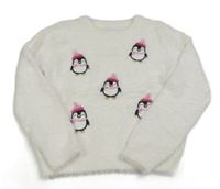 Bílý chlupatý svetr s tučňáky Primark
