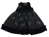 Černé sametovo/organzové slavnostní šaty s kamínky a mašlemi 