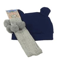 2set - Tmavomodrá bavlněná čepice s oušky + šedé melírované vzorované podkolenky s bambulemi
