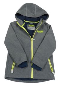 Šedá softshellová bunda s nápisem a kapucí 