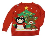 Červený svetr s tučňákem a sobem