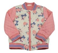 Krémovo-růžová prošívaná šusťáková zateplená bunda s růžemi