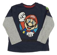 Tmavomodré triko s Máriem a šedými rukávy 