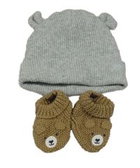 2set - Šedá žebrovaná čepice s oušky + hnědé pletené capáčky s medvědy