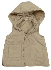 Béžová šusťáková prošívaná zateplená vesta s kapucí 