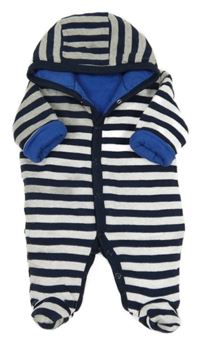 Tmavomodro-šedá pruhovaná bavlněná zateplená kombinéza s kapucí F&F