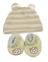 2set - Broskvovo-bílá pruhovaná čepice + žluté capáčky s medvídkem